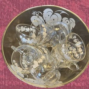 Anchor Hocking Grape Leaf Design Glass Punch Bowl Set - 12 Cups with Hooks